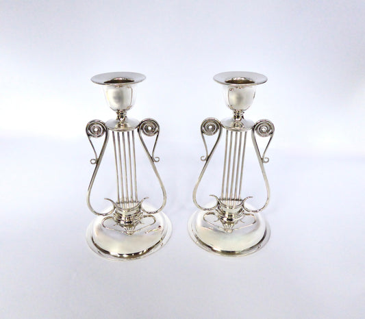 Victorian Silver Lyre Candlesticks 1897